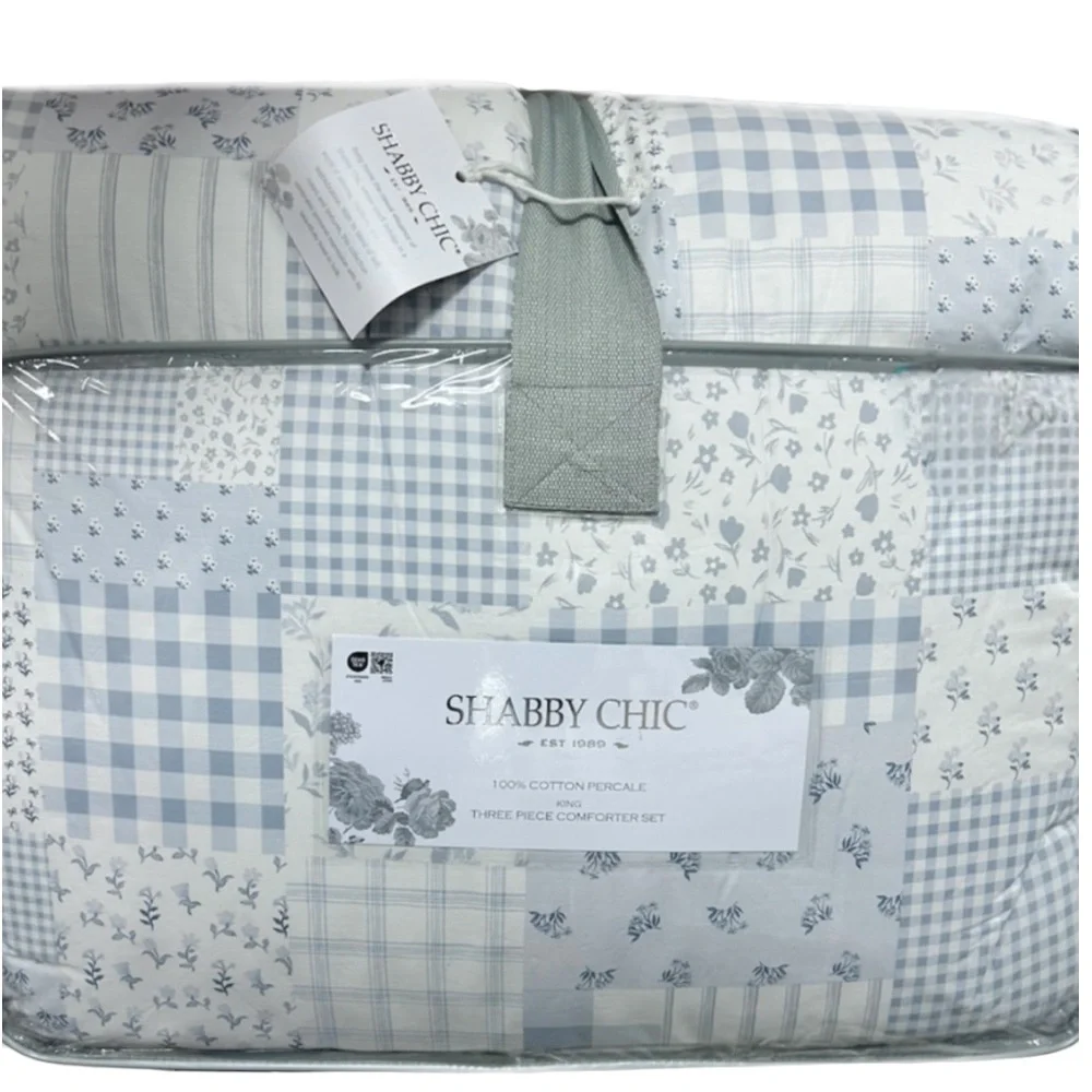 Shabby Chic Cotton Percale Blue and White 3 Piece Comforter Set 106”x90”